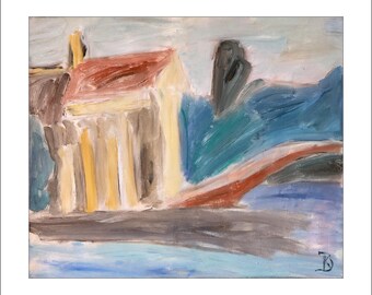 Painting 'Venice, Giudecca' with bridge, house, trees by Katia Demyanova. Oil on canvas, 50×60 cm. Venetian landscape, k-251