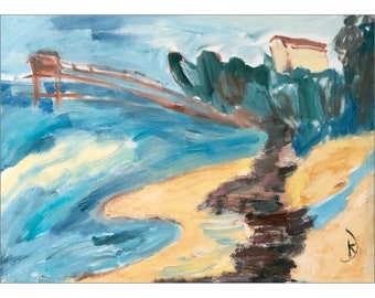 Landschaftsgemälde „Meer und Bäume“ von Katia Demyanova. Öl auf Leinwand, expressionistische italienische Meereslandschaft, blau-türkis-gelb, 50×70 cm, k-345