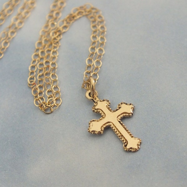 Gold Cross Necklace, Aramaic Unique Cross Necklace, 14k Solid Gold, Unisex Gold Cross Necklace, Gold Jesus Cross Necklace