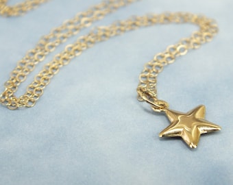 Gold Puffed Star Necklace, 14k Solid Gold Star Charm Necklace, Minimalist Puffed Star, Gift for Her