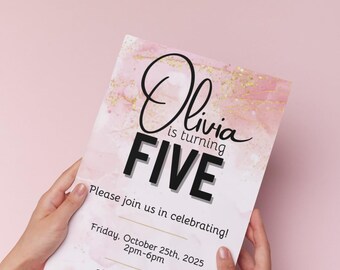 May include: Pink and gold marble-patterned invitation card with the text "Olivia is turning FIVE" and details for a birthday party. The text "Please join us in celebrating!" is also included, along with the date, time, and RSVP information.