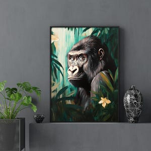 Printable Gorilla Painting, Jungle Digital Print, Tropical Wildlife Wall Art, Maximalist Artwork Download