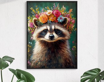 Flower Raccoon Print, Dark Cottagecore Printable, Country Floral Decor, Woodland Animal Wall Art