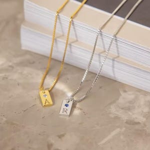 Personalized Classic Rectangular BIRTHSTONE PENDANT NECKLACE, 2 Colors Engraved Custom Letters, Stainless Steel Jewelry Gift