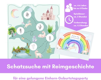 Unicorn treasure hunt for 6 children (approx. 4-6 years) to print out, ready-made scavenger hunt, treasure hunt for children's birthdays and theme parties