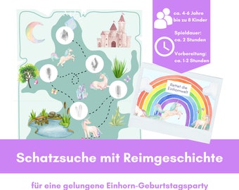 Unicorn treasure hunt for 8 children (approx. 4-6 years) to print out, ready-made scavenger hunt, treasure hunt for children's birthdays, theme parties