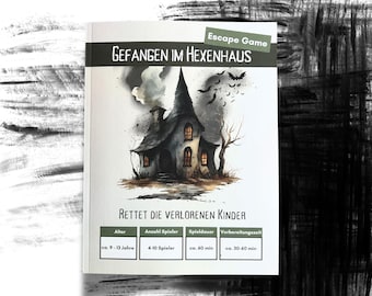 May include: A board game titled "Gefangen im Hexenhaus" (Trapped in the Witch's House). The cover features a spooky illustration of a haunted house with bats and a full moon. The game is for 4-10 players, ages 9-13, and takes about 60 minutes to play.