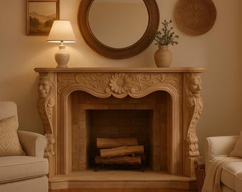 Rustieke houten open haard, decoratieve boerderij open haard, ongeverfd hout, boerderijornament, speciaal product