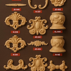 May include: A collection of intricately carved wooden decorative elements, including floral, scroll, and geometric designs. Each piece is a light brown color and labeled with a unique code, such as A-753, JD-545, and N-237. The elements vary in size and shape.