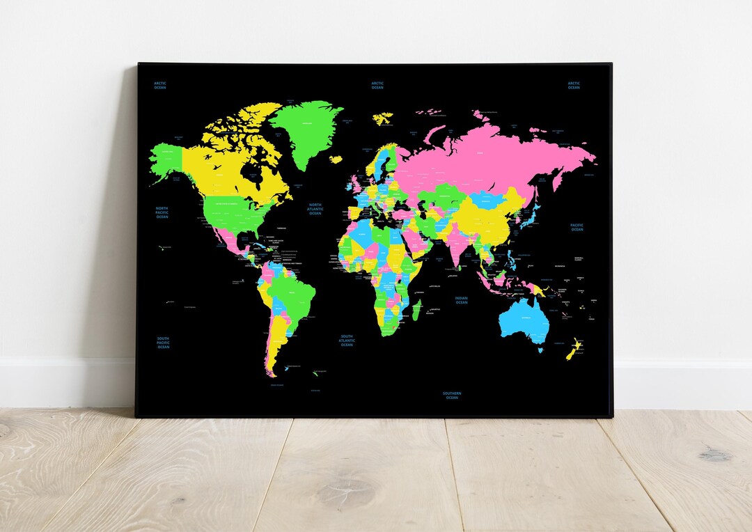 Detailed World Map With Countries and Capital Cities Poster, Classroom ...