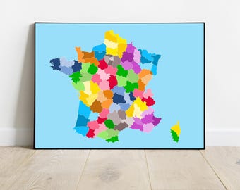 Carte de France montrant les départements, carte de france, grande décoration colorée, départements français, aimer la France,salon lumineux
