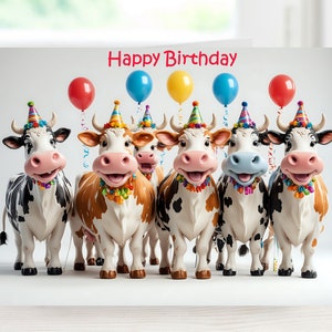 Printable happy birthday card, Colourful birthday greeting, Digital colourful card, Cow animals card, Instant download greeting card