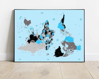 May include: A blue and gray world map with countries and continents rearranged to show their relative sizes. The map is printed on a white background and framed in a black frame.
