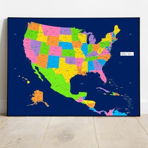 USA Central America and Caribbean map, detailed map of United States of America, largest US cities, Large colourful map home décor