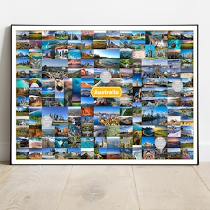 May include: A collage of images showcasing various landmarks and scenic views of Australia. The collage features a variety of landscapes, including beaches, mountains, cities, and deserts. The word "Australia" is prominently displayed in a yellow banner.