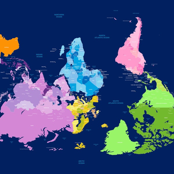 Carte du monde à l’envers avec les pays, affiche éducative lumineuse pour enfants, grande décoration intérieure colorée, art mural pour chambre d’enfant