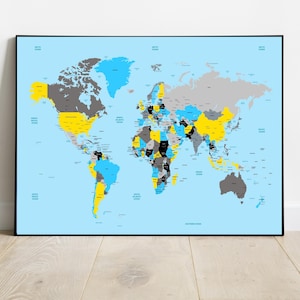 Detailed World Map with capital cities Wall Art Educational Geography Print Teacher Gift Unique Home Décor Modern office Classroom Aid