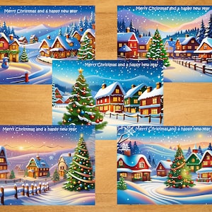 Set of 5 Merry Christmas cards, Happy Xmas card, Printable festive card, Digital seasons greetings card, Instant download greeting, Hanukkah