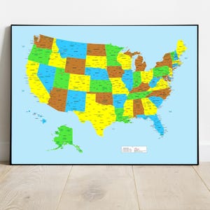 Carte des États-Unis, carte détaillée des États-Unis d'Amérique,plus grandes villes américaines,carte colorée pour la décoration intérieure