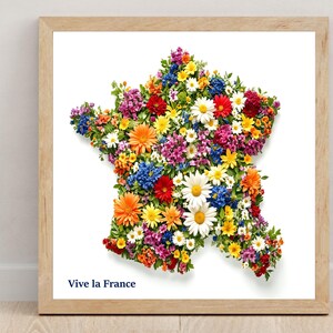 Picture of France, Beautiful map of France, Carte de France, Image de la France, Flower Images, Image florale de France, France poster,