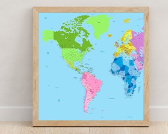 Large map of North America, South America, Europe and Africa, detailed colourful country map home décor, Nursery wall art, Pastel colours