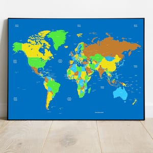 Detailed World Map with capital cities Wall Art Educational Geography Print Teacher Gift Unique Home Décor Modern office Classroom Aid