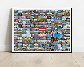 Beautiful London Poster, Images of London, Artistic London on the wall, Large colourful London collage, Bucket list sightseeing
