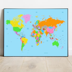 Carte du monde détaillée avec les capitales, décoration murale éducative, cadeau pour enseignant, décoration intérieure unique