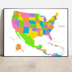 USA Central America and Caribbean map, detailed map of United States of America, largest US cities, Large colourful map home décor,