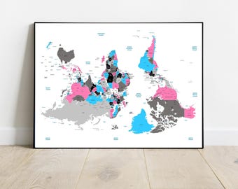 May include: A framed world map print with a unique upside-down perspective. Countries are color-coded in pink, blue, gray, and black against a white background. Ocean names are labeled in blue. The map is in a black frame.