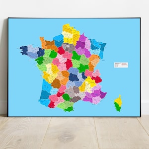 Detailed map of France, carte de france, largest French cities, Large colourful home décor, Régions et départements français, black font
