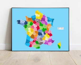 Carte détaillée de France, carte de france, plus grandes villes françaises, grande décoration colorée, Régions et départements français