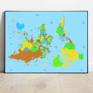 French English upside down world map, carte française anglais, south up educational decor, modern office classroom wall art, teaching aid