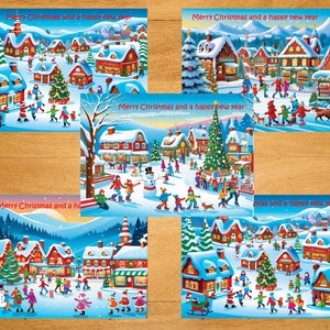 Set of 5 merry Christmas cards, Happy Xmas card, Printable festive card, Digital seasons greetings card, Instant download greeting, Hanukkah