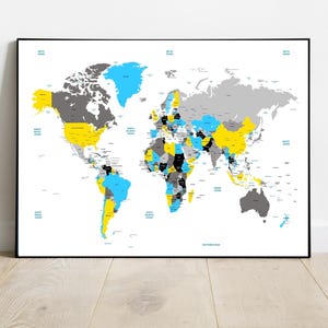 Detailed World Map with capital cities Wall Art Educational Geography Print Teacher Gift Unique Home Décor Modern office Classroom Aid