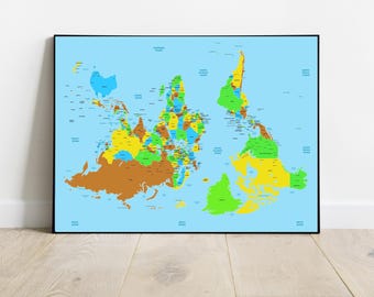 May include: A colorful world map with a unique perspective, showing the continents in a different arrangement. The map is printed on a light blue background and framed in black.