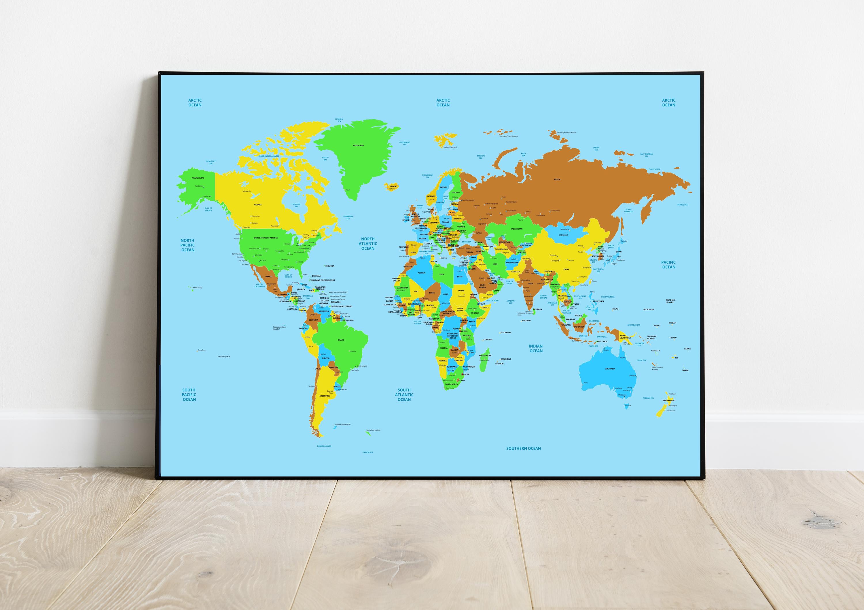 Spanish English world map capital cities mapa ingles Español Educational Geography Print Modern Office Decor Classroom wall art Teaching aid