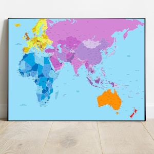 Large detailed World map, map of Europe, Asia, Africa and Oceania, Large colourful country map home décor, Nursery wall art, Pastel colours
