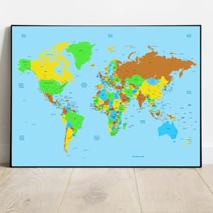Chinese English world map with countries, global capital cities poster, bright educational picture, travel learning simplified Chinese print