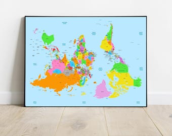 May include: A colorful world map with a unique, distorted projection. The map is printed on a light blue background and framed in black. The continents are arranged in a way that makes them appear as if they are floating in the ocean.