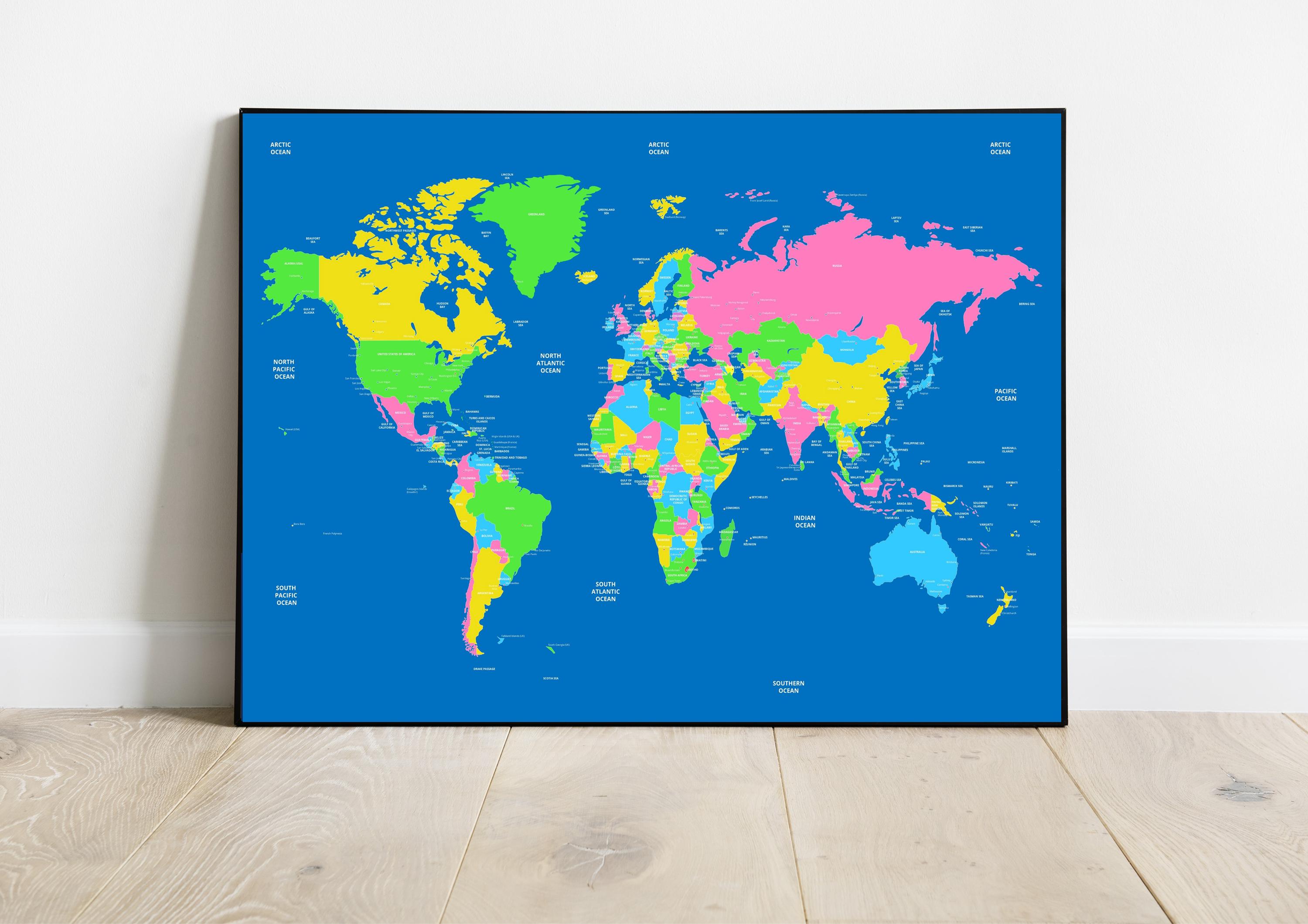 Large World Map Wall Art - Detailed Countries and Capital Cities