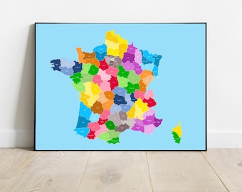 Map of France showing departments, carte de france, Large colourful home décor, départements français, bright living room, white font