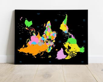 逆さまの世界地図プリント、南向き、芸術的な地理 - Etsy 日本
