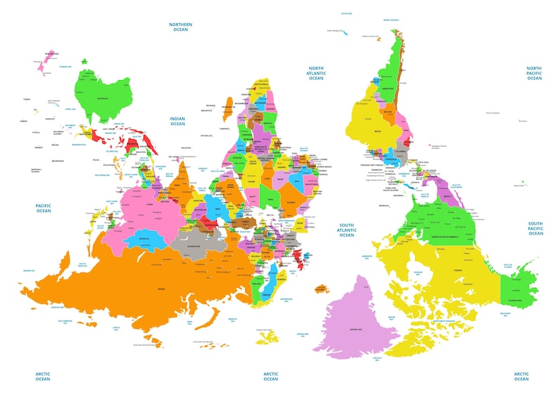 Sotuth Up Map Example Upside Down World Map – South up Wall Art Print for Home, Office ...