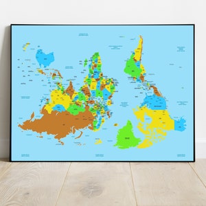 Mapa del mundo al revés en español e inglés, decoración educativa con orientación sur, arte mural moderno para aulas de oficina
