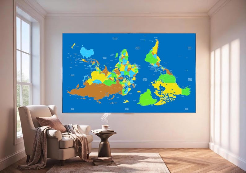 Sotuth Up Map Example Upside Down World Map – South up Wall Art Print for Home, Office ...