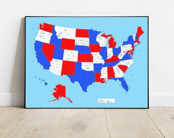Carte des États-Unis, carte détaillée des États-Unis d'Amérique,plus grandes villes américaines,carte colorée pour la décoration intérieure,