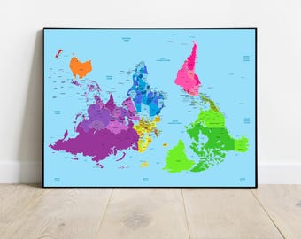 Carte du monde à l'envers avec affiche des pays et des capitales