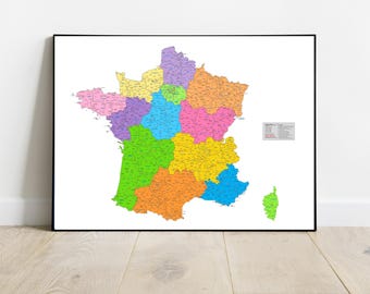 Detailed map of France, showing Régions, Départements and largest French cities