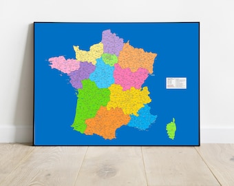 Detailed map of France, carte de france, largest French cities, Large colourful home décor, Régions et départements français,aimer la France